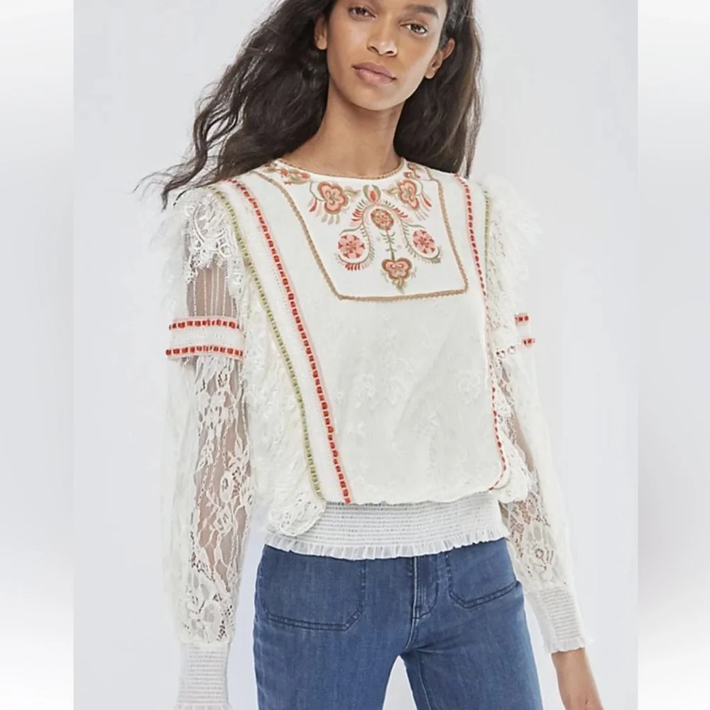 Anthropologie Bl-nk London Cream Lace Embroidered Floral Long Sleeve Top| Size L